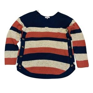 mySTYLE XL Striped V-Neck Sweater Navy Coral Cream Side Buttons Tunic Knit